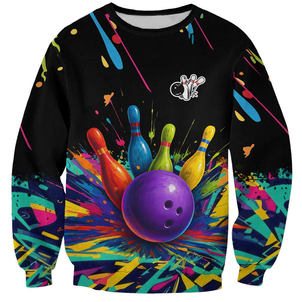 Custom Bowling Strike Design Sweatshirt Colorful Pins and Purple Ball in Abstract Splatter Art Style - Wonder Print Shop