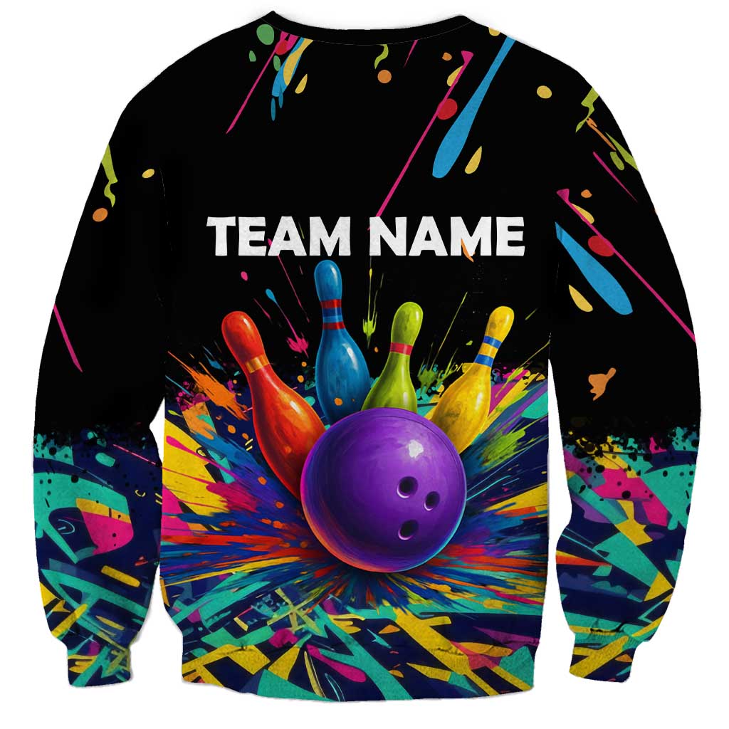 Custom Bowling Strike Design Sweatshirt Colorful Pins and Purple Ball in Abstract Splatter Art Style - Wonder Print Shop