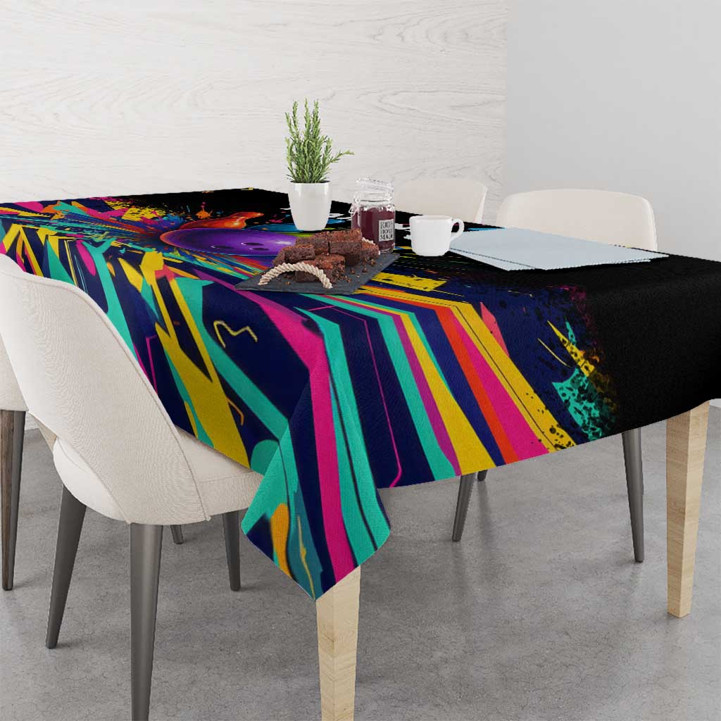 Custom Bowling Strike Design Tablecloth Colorful Pins and Purple Ball in Abstract Splatter Art Style - Wonder Print Shop
