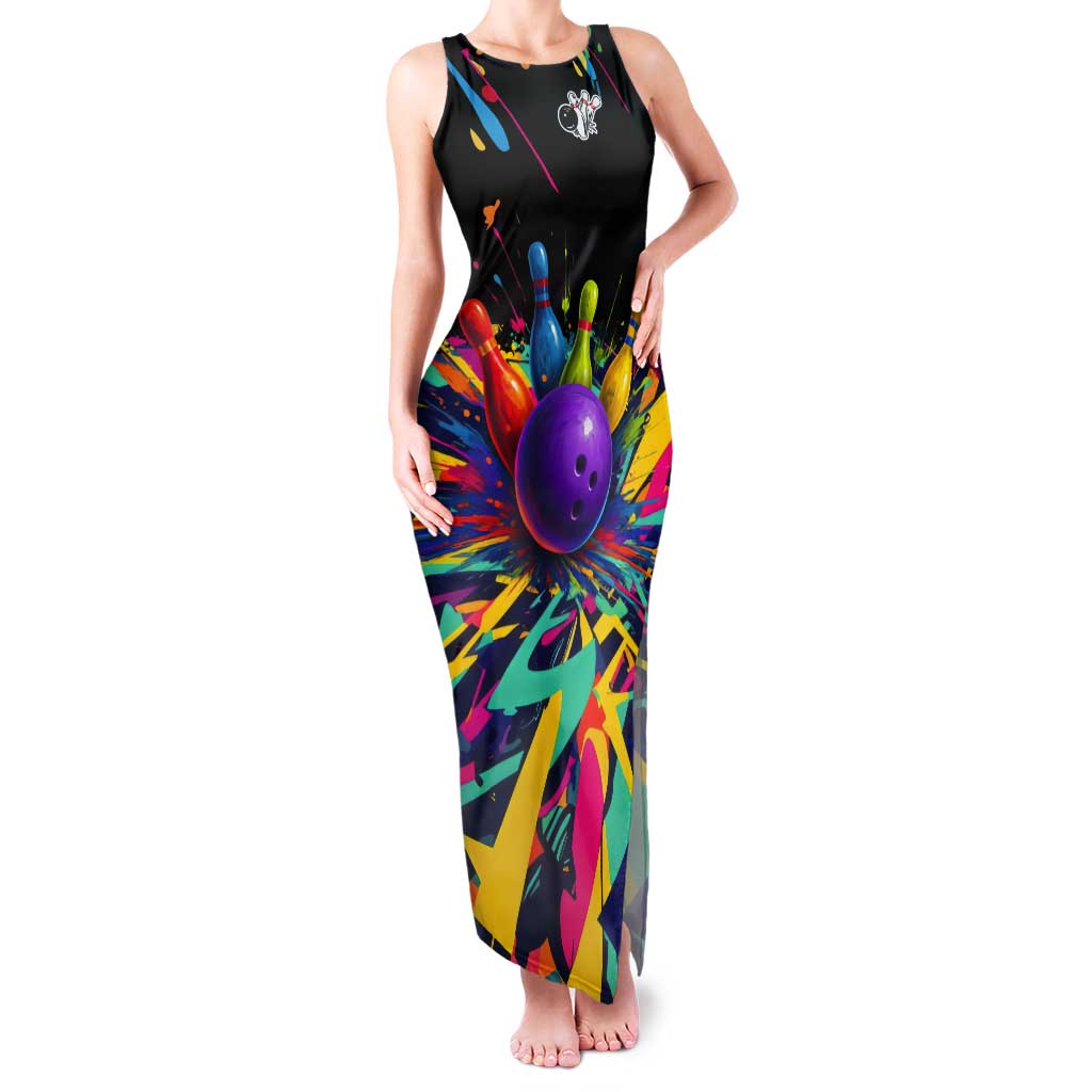 Custom Bowling Strike Design Tank Maxi Dress Colorful Pins and Purple Ball in Abstract Splatter Art Style - Wonder Print Shop
