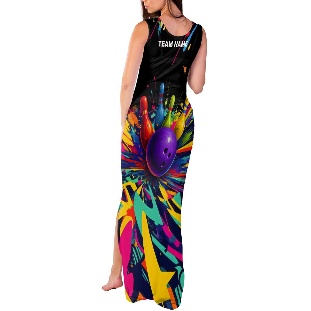 Custom Bowling Strike Design Tank Maxi Dress Colorful Pins and Purple Ball in Abstract Splatter Art Style - Wonder Print Shop