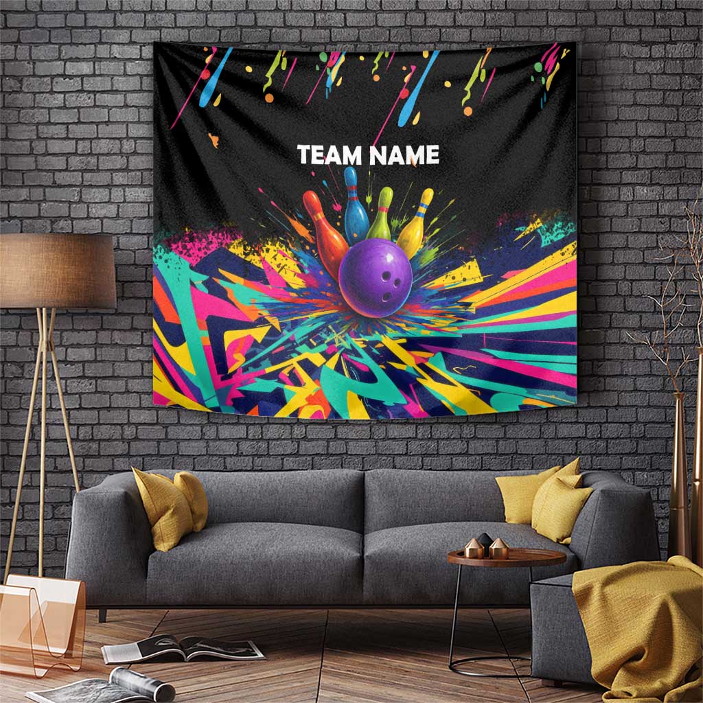 Custom Bowling Strike Design Tapestry Colorful Pins and Purple Ball in Abstract Splatter Art Style - Wonder Print Shop
