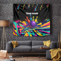 Custom Bowling Strike Design Tapestry Colorful Pins and Purple Ball in Abstract Splatter Art Style - Wonder Print Shop
