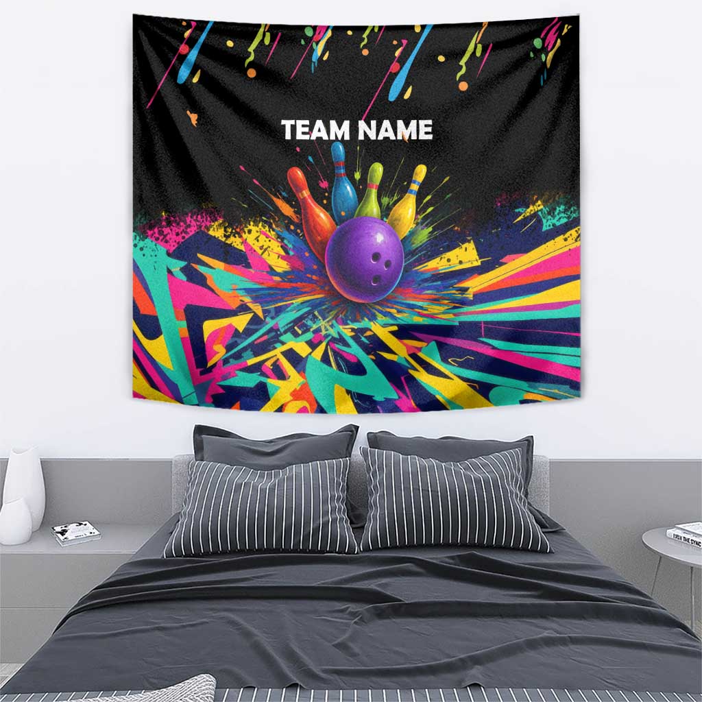 Custom Bowling Strike Design Tapestry Colorful Pins and Purple Ball in Abstract Splatter Art Style - Wonder Print Shop