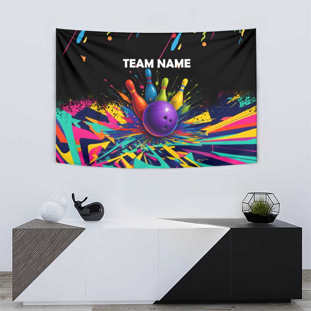 Custom Bowling Strike Design Tapestry Colorful Pins and Purple Ball in Abstract Splatter Art Style - Wonder Print Shop