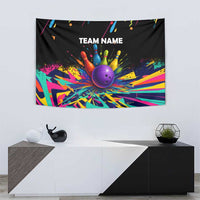 Custom Bowling Strike Design Tapestry Colorful Pins and Purple Ball in Abstract Splatter Art Style - Wonder Print Shop