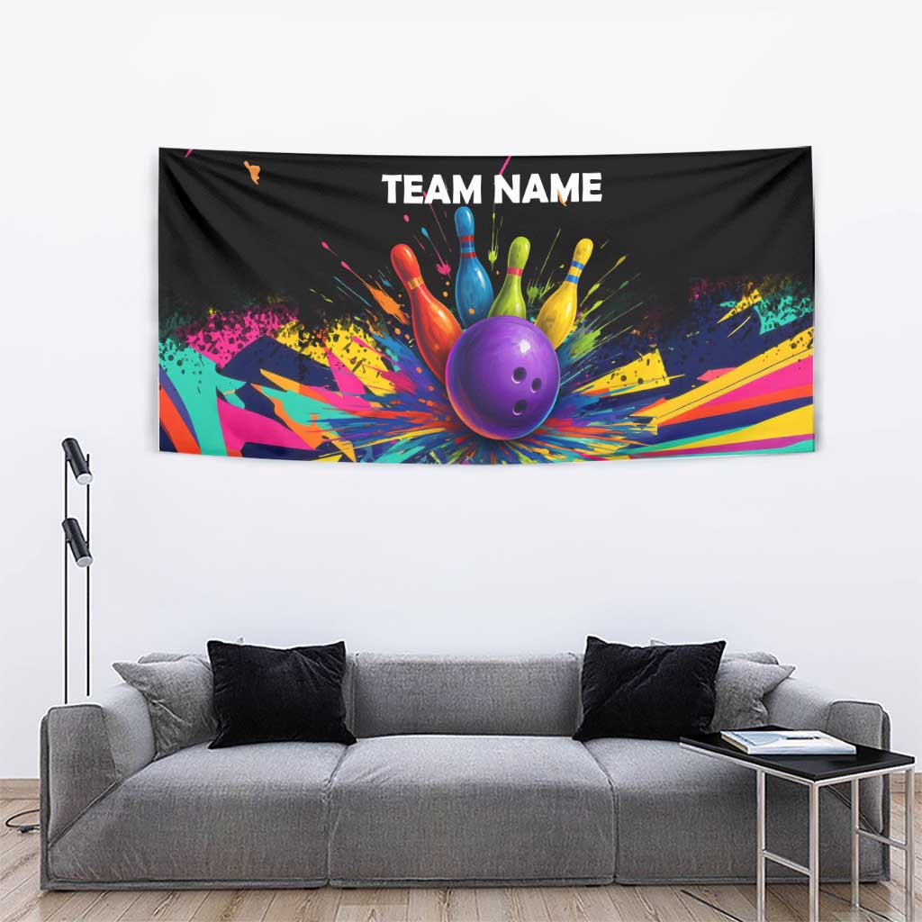 Custom Bowling Strike Design Tapestry Colorful Pins and Purple Ball in Abstract Splatter Art Style - Wonder Print Shop