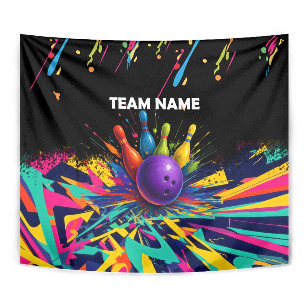 Custom Bowling Strike Design Tapestry Colorful Pins and Purple Ball in Abstract Splatter Art Style - Wonder Print Shop