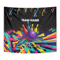 Custom Bowling Strike Design Tapestry Colorful Pins and Purple Ball in Abstract Splatter Art Style - Wonder Print Shop