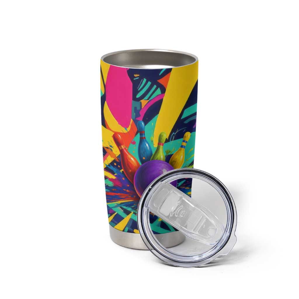 Custom Bowling Strike Design Tumbler Cup Colorful Pins and Purple Ball in Abstract Splatter Art Style - Wonder Print Shop