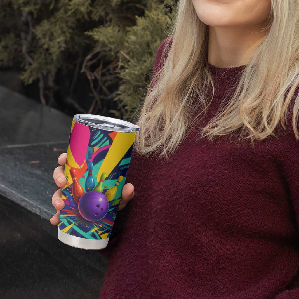 Custom Bowling Strike Design Tumbler Cup Colorful Pins and Purple Ball in Abstract Splatter Art Style - Wonder Print Shop