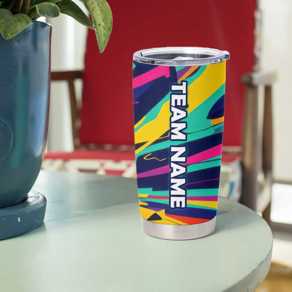 Custom Bowling Strike Design Tumbler Cup Colorful Pins and Purple Ball in Abstract Splatter Art Style - Wonder Print Shop