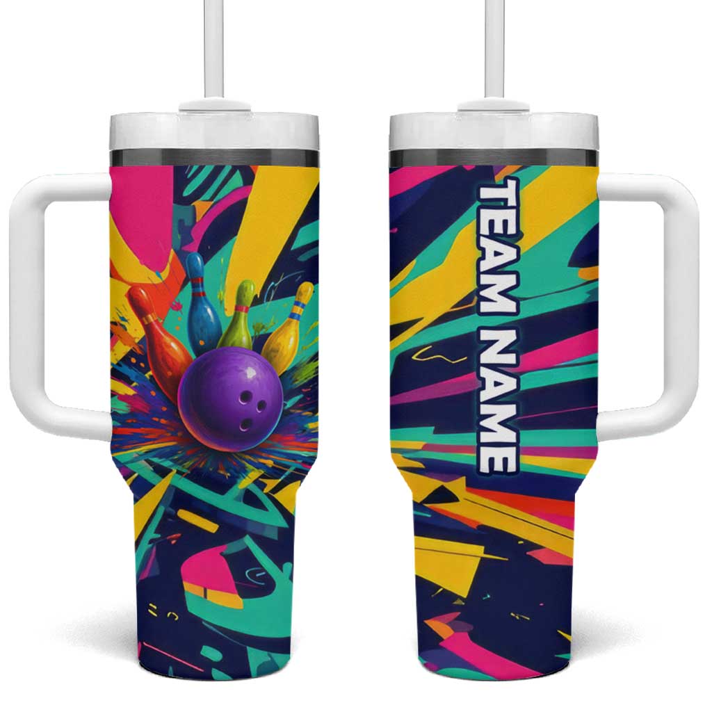Custom Bowling Strike Design Tumbler With Handle Colorful Pins and Purple Ball in Abstract Splatter Art Style - Wonder Print Shop
