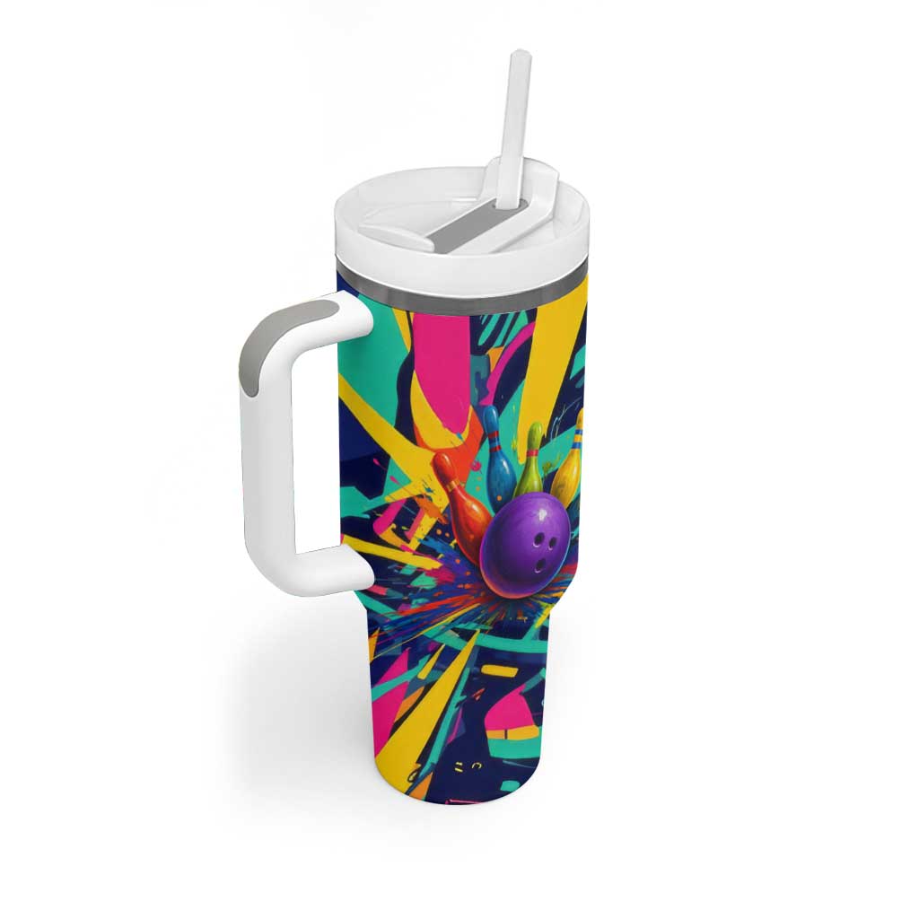 Custom Bowling Strike Design Tumbler With Handle Colorful Pins and Purple Ball in Abstract Splatter Art Style - Wonder Print Shop