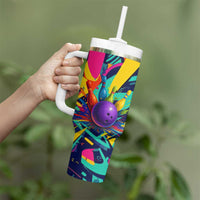Custom Bowling Strike Design Tumbler With Handle Colorful Pins and Purple Ball in Abstract Splatter Art Style - Wonder Print Shop