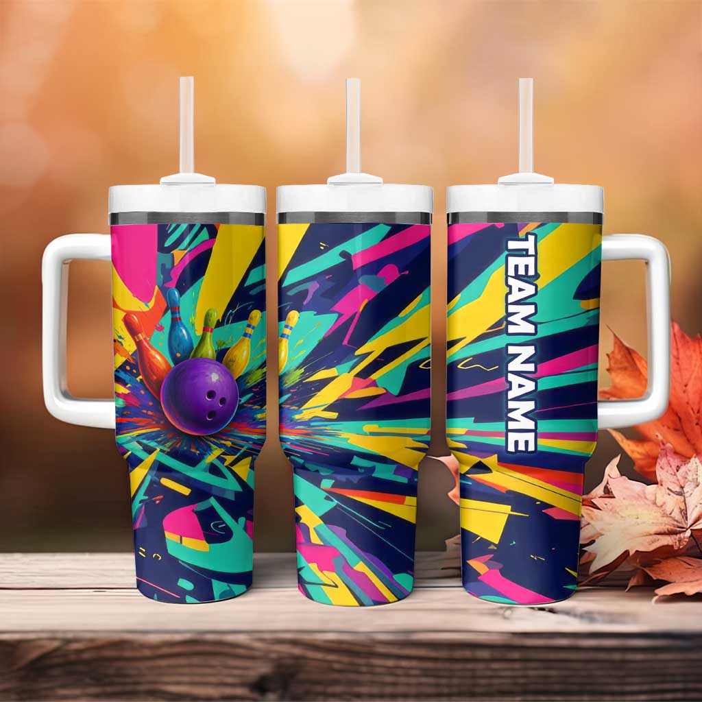 Custom Bowling Strike Design Tumbler With Handle Colorful Pins and Purple Ball in Abstract Splatter Art Style - Wonder Print Shop