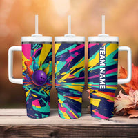 Custom Bowling Strike Design Tumbler With Handle Colorful Pins and Purple Ball in Abstract Splatter Art Style - Wonder Print Shop