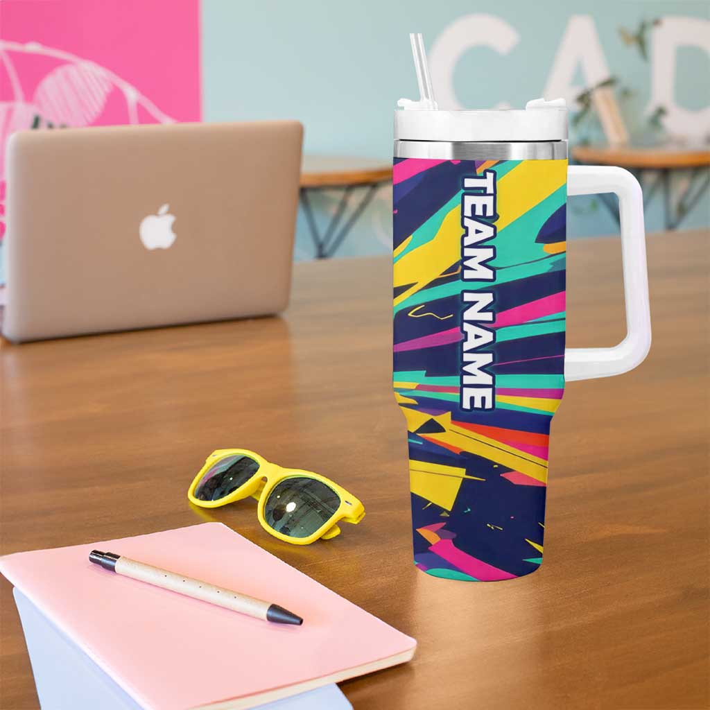Custom Bowling Strike Design Tumbler With Handle Colorful Pins and Purple Ball in Abstract Splatter Art Style - Wonder Print Shop