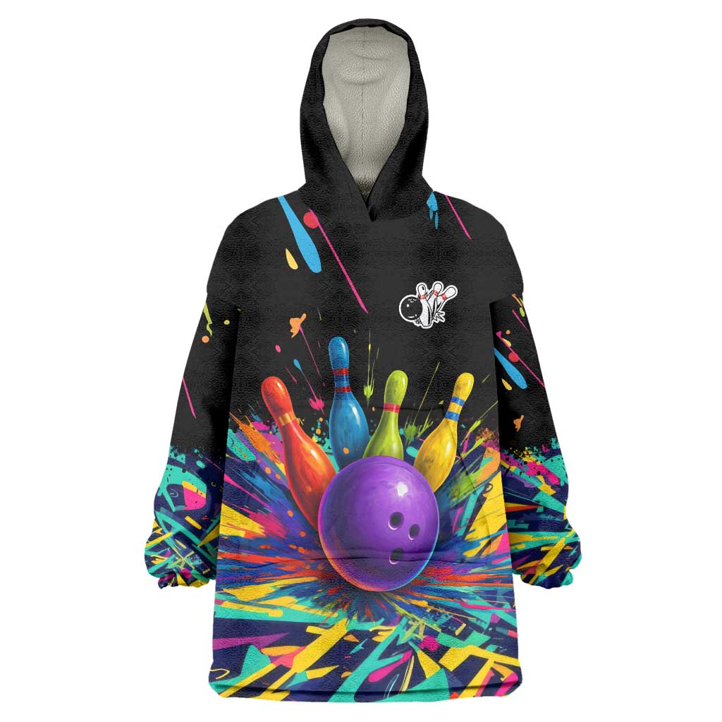Custom Bowling Strike Design Wearable Blanket Hoodie Colorful Pins and Purple Ball in Abstract Splatter Art Style - Wonder Print Shop