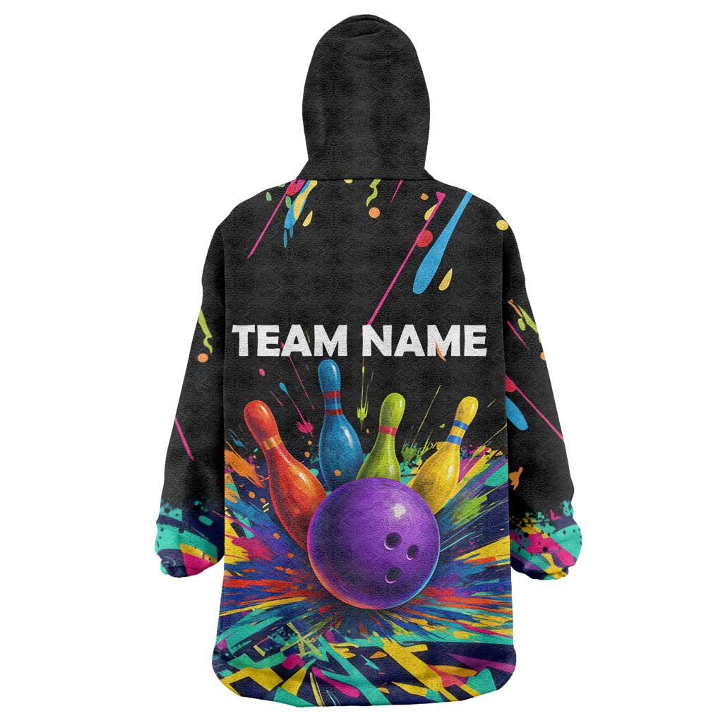Custom Bowling Strike Design Wearable Blanket Hoodie Colorful Pins and Purple Ball in Abstract Splatter Art Style - Wonder Print Shop