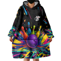 Custom Bowling Strike Design Wearable Blanket Hoodie Colorful Pins and Purple Ball in Abstract Splatter Art Style - Wonder Print Shop