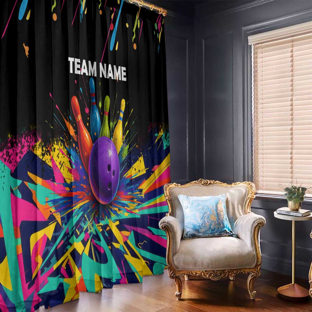Custom Bowling Strike Design Window Curtain Colorful Pins and Purple Ball in Abstract Splatter Art Style - Wonder Print Shop