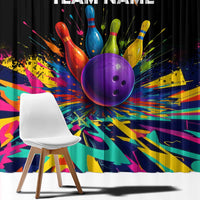 Custom Bowling Strike Design Window Curtain Colorful Pins and Purple Ball in Abstract Splatter Art Style - Wonder Print Shop
