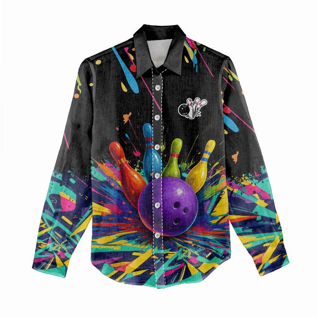 Custom Bowling Strike Design Women Casual Shirt Colorful Pins and Purple Ball in Abstract Splatter Art Style - Wonder Print Shop