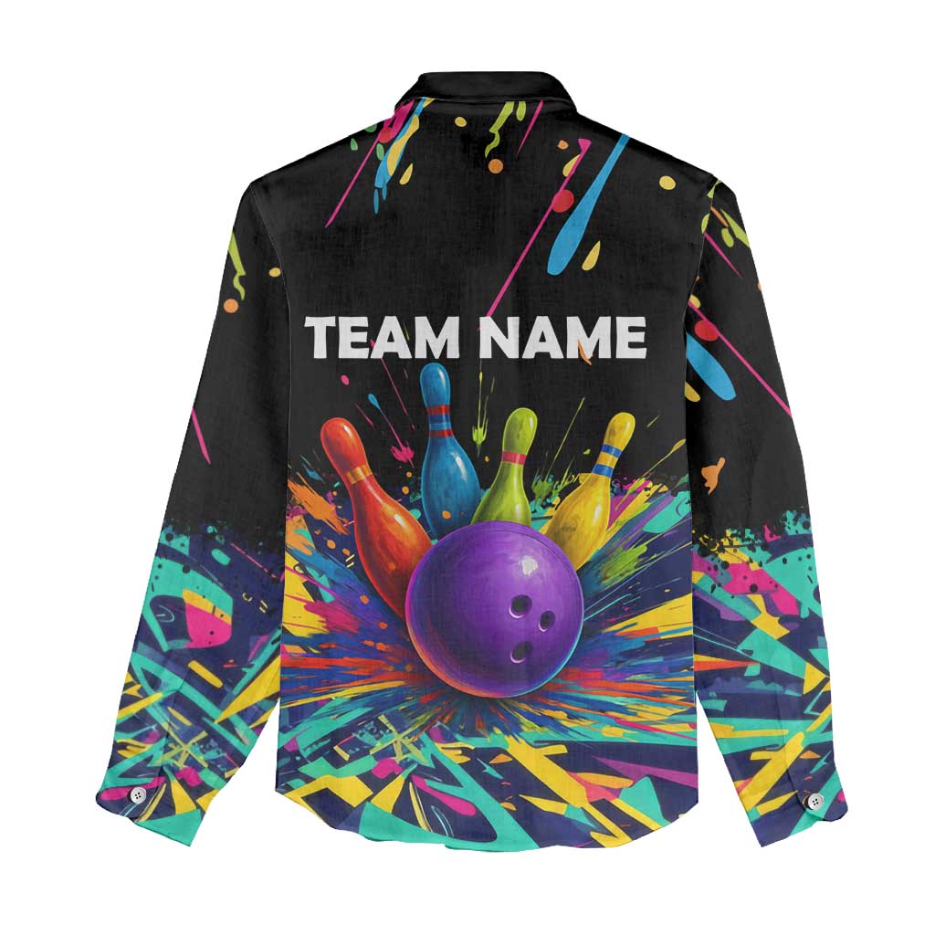 Custom Bowling Strike Design Women Casual Shirt Colorful Pins and Purple Ball in Abstract Splatter Art Style - Wonder Print Shop