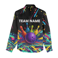 Custom Bowling Strike Design Women Casual Shirt Colorful Pins and Purple Ball in Abstract Splatter Art Style - Wonder Print Shop