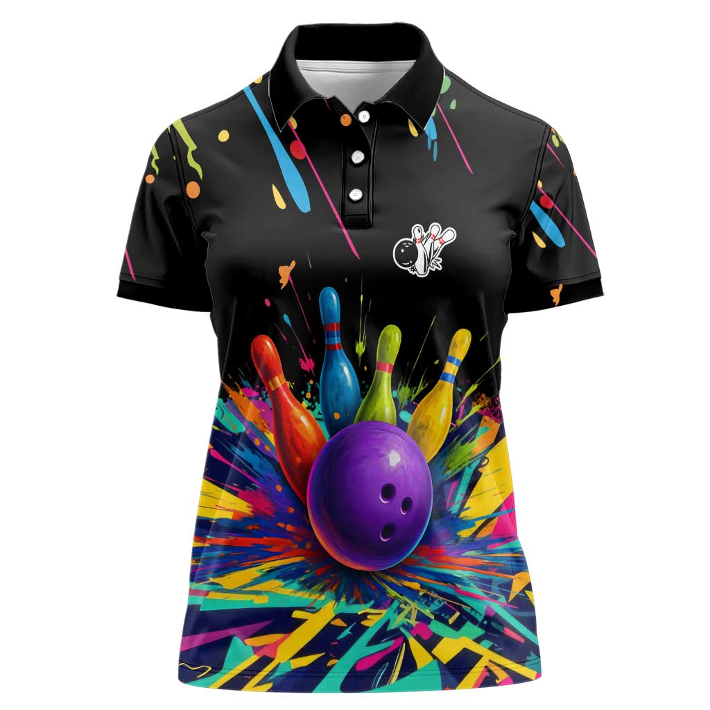 Custom Bowling Strike Design Women Polo Shirt Colorful Pins and Purple Ball in Abstract Splatter Art Style - Wonder Print Shop