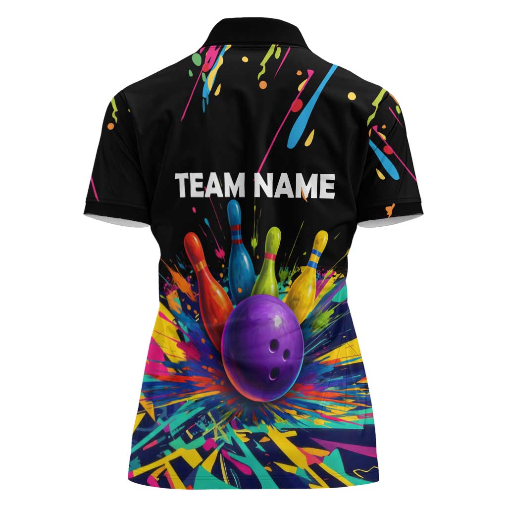Custom Bowling Strike Design Women Polo Shirt Colorful Pins and Purple Ball in Abstract Splatter Art Style - Wonder Print Shop