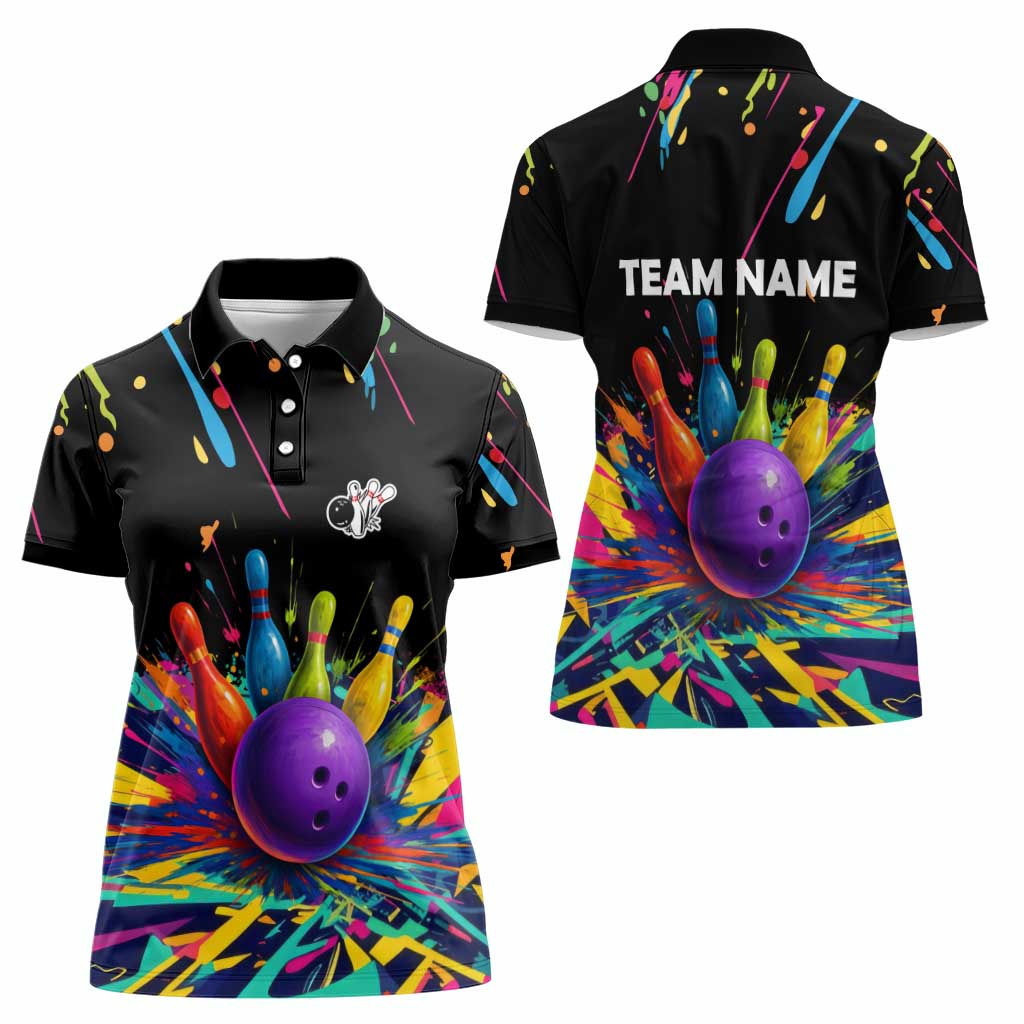 Custom Bowling Strike Design Women Polo Shirt Colorful Pins and Purple Ball in Abstract Splatter Art Style - Wonder Print Shop