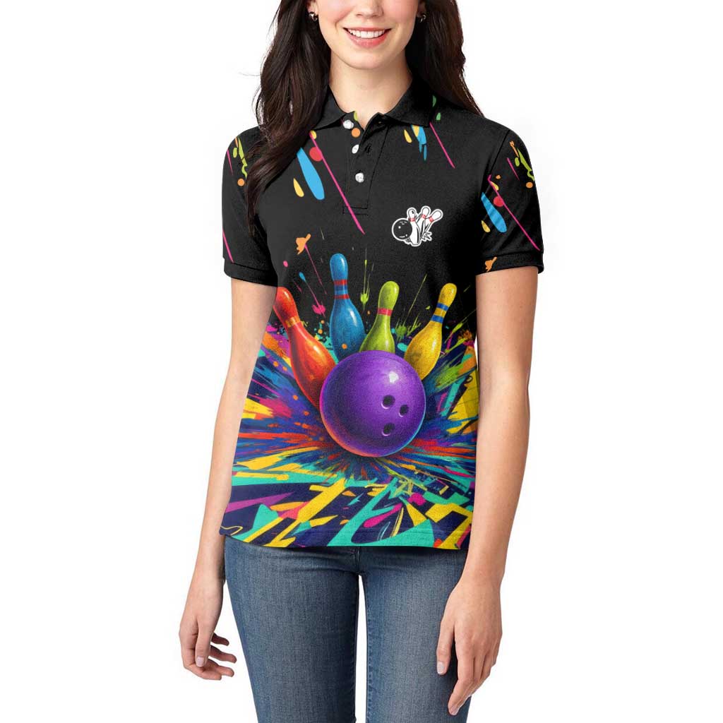 Custom Bowling Strike Design Women Polo Shirt Colorful Pins and Purple Ball in Abstract Splatter Art Style - Wonder Print Shop