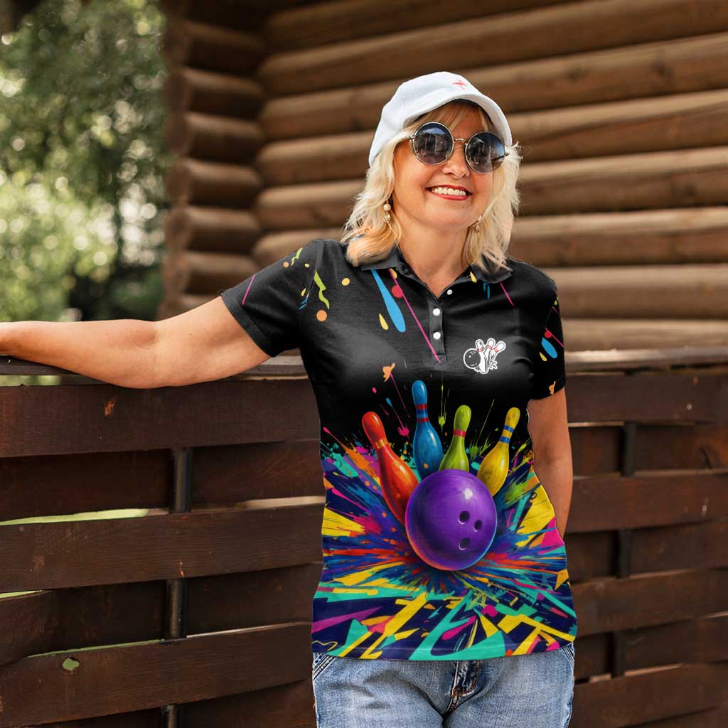 Custom Bowling Strike Design Women Polo Shirt Colorful Pins and Purple Ball in Abstract Splatter Art Style - Wonder Print Shop