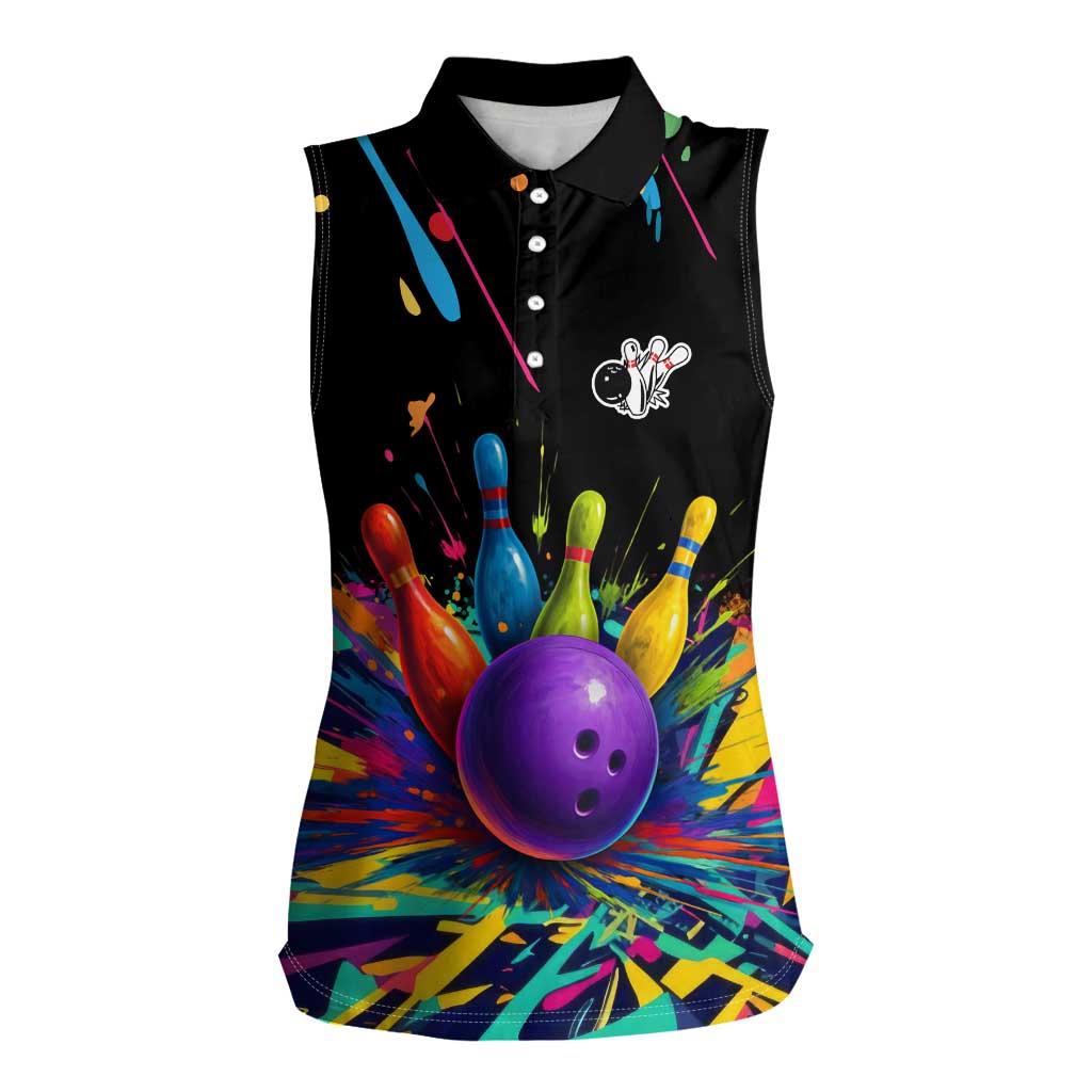 Custom Bowling Strike Design Women Sleeveless Polo Shirt Colorful Pins and Purple Ball in Abstract Splatter Art Style - Wonder Print Shop