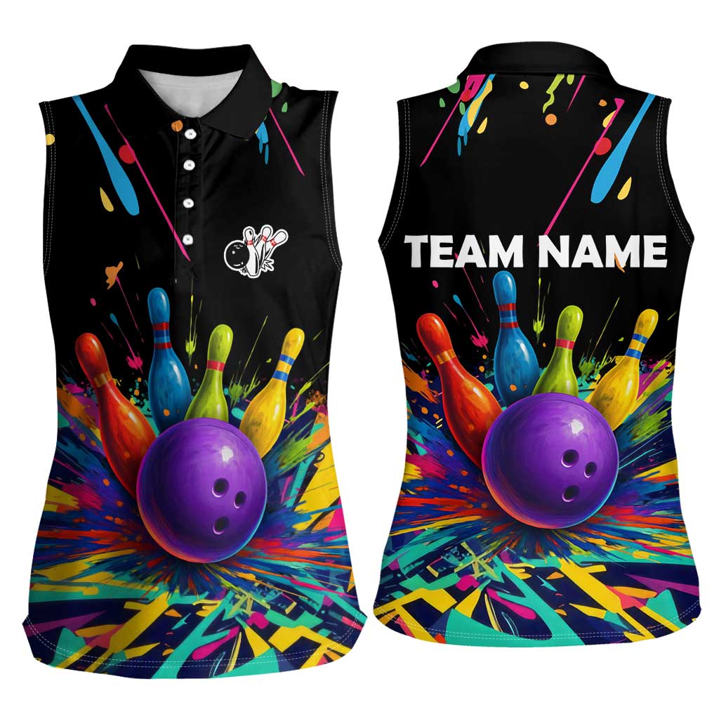 Custom Bowling Strike Design Women Sleeveless Polo Shirt Colorful Pins and Purple Ball in Abstract Splatter Art Style - Wonder Print Shop