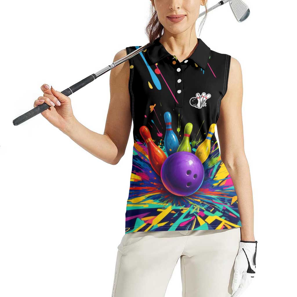 Custom Bowling Strike Design Women Sleeveless Polo Shirt Colorful Pins and Purple Ball in Abstract Splatter Art Style - Wonder Print Shop