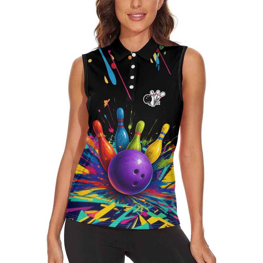 Custom Bowling Strike Design Women Sleeveless Polo Shirt Colorful Pins and Purple Ball in Abstract Splatter Art Style - Wonder Print Shop