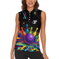 Custom Bowling Strike Design Women Sleeveless Polo Shirt Colorful Pins and Purple Ball in Abstract Splatter Art Style - Wonder Print Shop