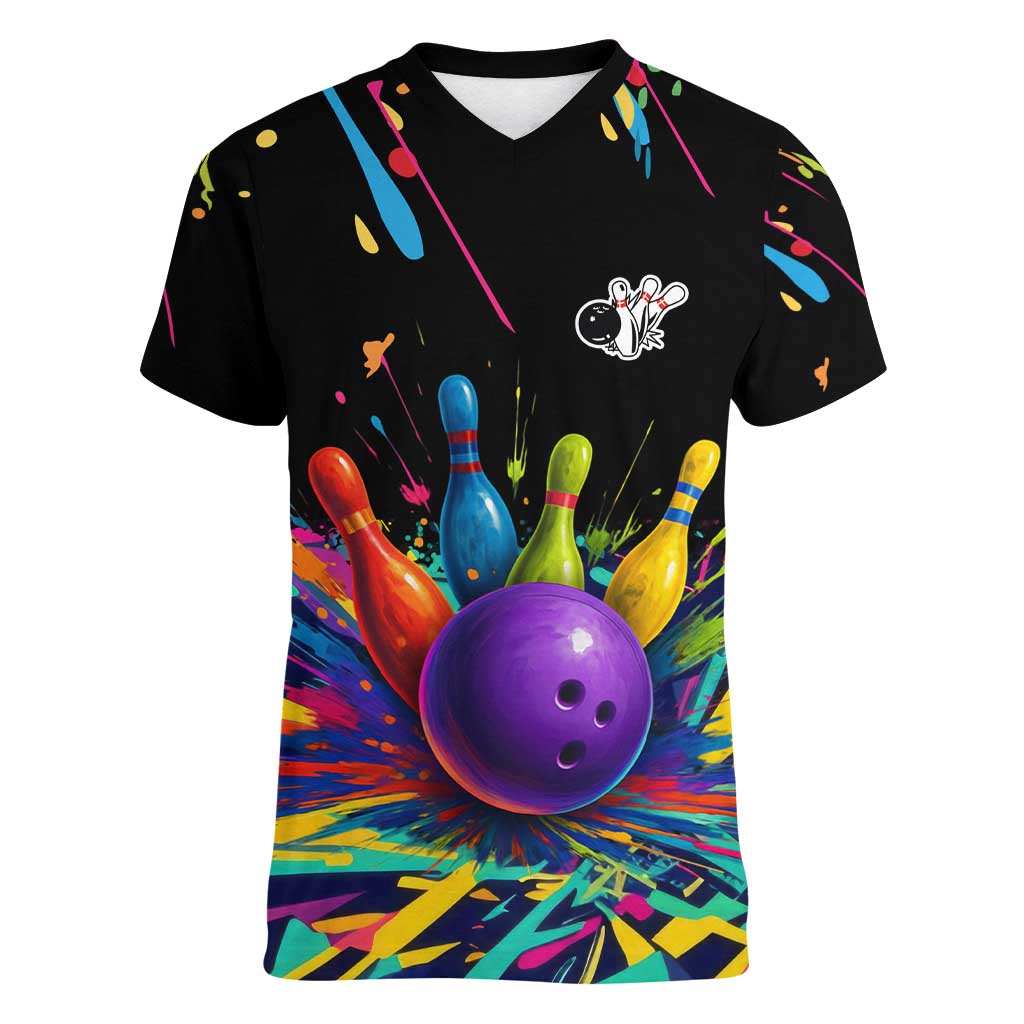 Custom Bowling Strike Design Women V-Neck T-Shirt Colorful Pins and Purple Ball in Abstract Splatter Art Style - Wonder Print Shop