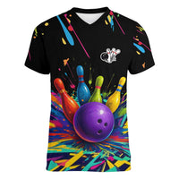 Custom Bowling Strike Design Women V-Neck T-Shirt Colorful Pins and Purple Ball in Abstract Splatter Art Style - Wonder Print Shop