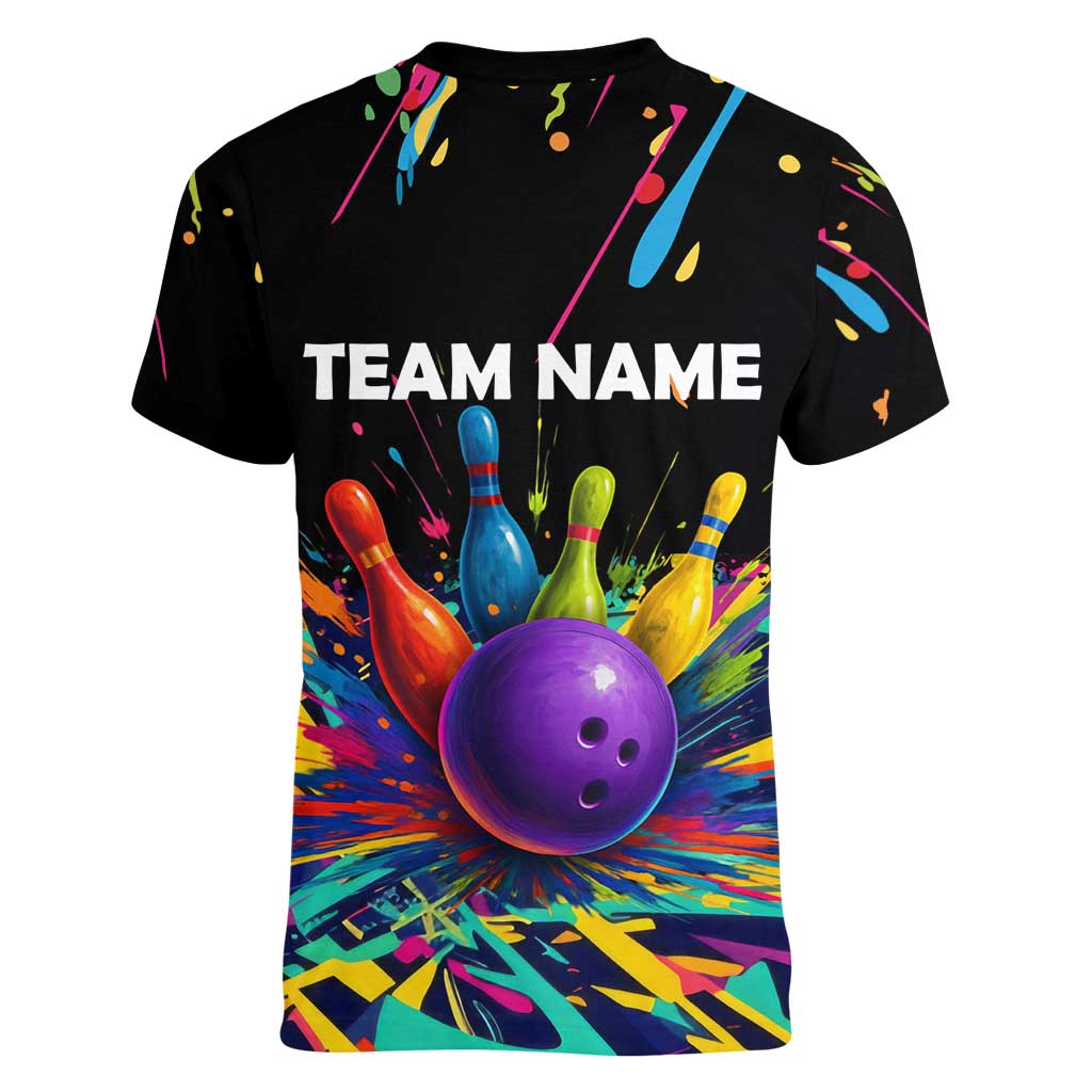 Custom Bowling Strike Design Women V-Neck T-Shirt Colorful Pins and Purple Ball in Abstract Splatter Art Style - Wonder Print Shop