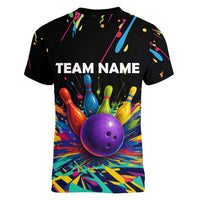 Custom Bowling Strike Design Women V-Neck T-Shirt Colorful Pins and Purple Ball in Abstract Splatter Art Style - Wonder Print Shop