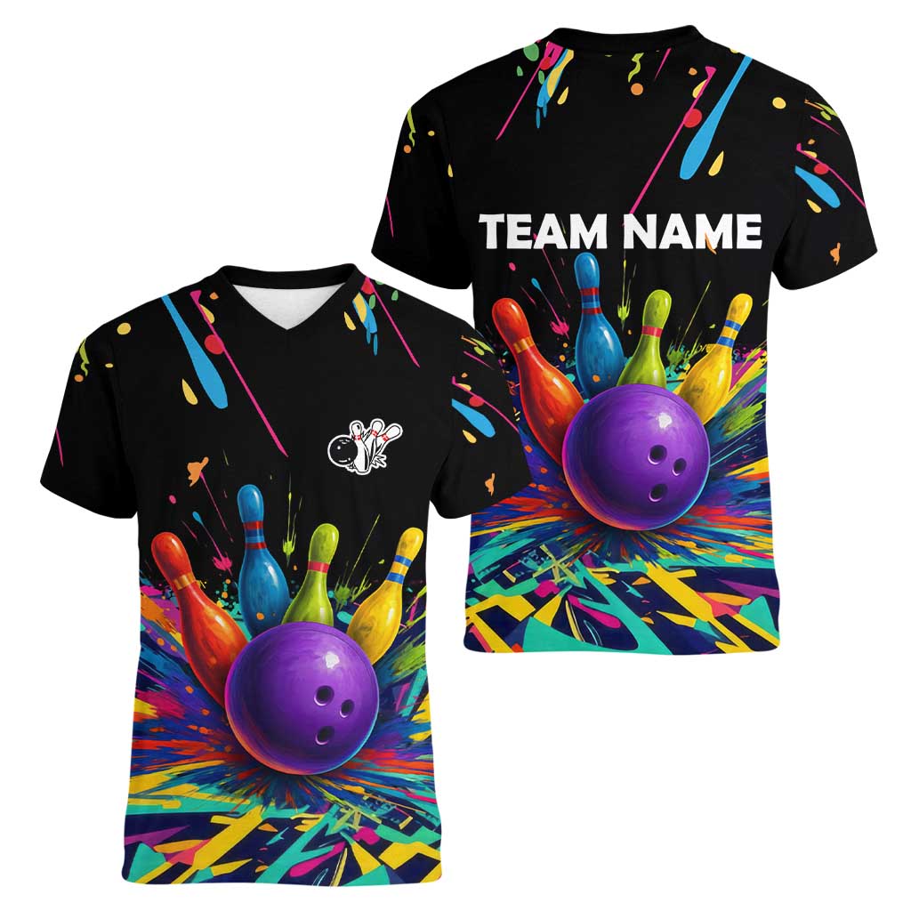 Custom Bowling Strike Design Women V-Neck T-Shirt Colorful Pins and Purple Ball in Abstract Splatter Art Style - Wonder Print Shop