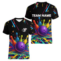 Custom Bowling Strike Design Women V-Neck T-Shirt Colorful Pins and Purple Ball in Abstract Splatter Art Style - Wonder Print Shop