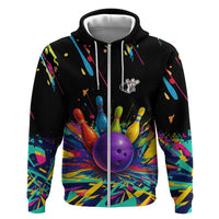 Custom Bowling Strike Design Zip Hoodie Colorful Pins and Purple Ball in Abstract Splatter Art Style - Wonder Print Shop