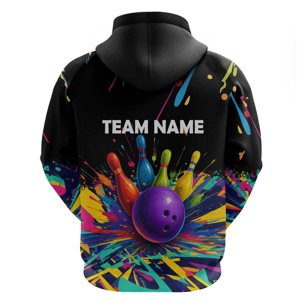 Custom Bowling Strike Design Zip Hoodie Colorful Pins and Purple Ball in Abstract Splatter Art Style - Wonder Print Shop