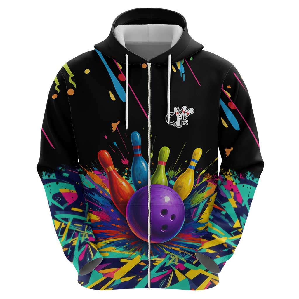Custom Bowling Strike Design Zip Hoodie Colorful Pins and Purple Ball in Abstract Splatter Art Style - Wonder Print Shop