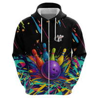 Custom Bowling Strike Design Zip Hoodie Colorful Pins and Purple Ball in Abstract Splatter Art Style - Wonder Print Shop